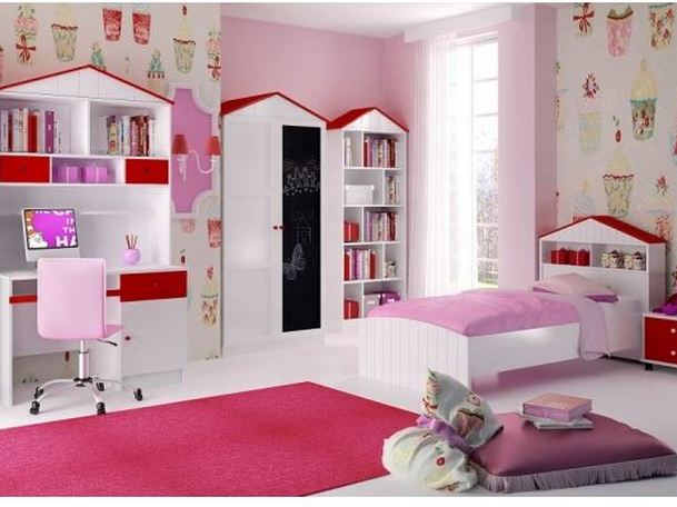 παιδικό ροζ δωμάτιο collection roof με γραφείο ντουλάπα βιβλιοθήκη κρεβάτι