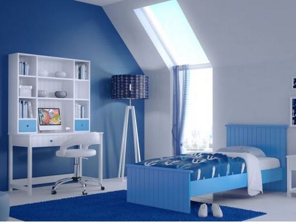 παιδικό δωμάτιο μπλε sky με κρεβάτι και γραφείο βιβλιοθήκη